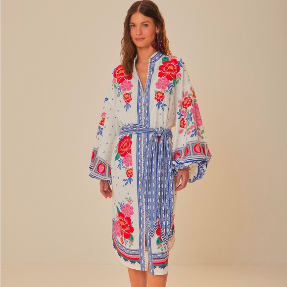FARM Rio White Maxi Dress with Red and Blue Floral Design - Picture 1 of 5